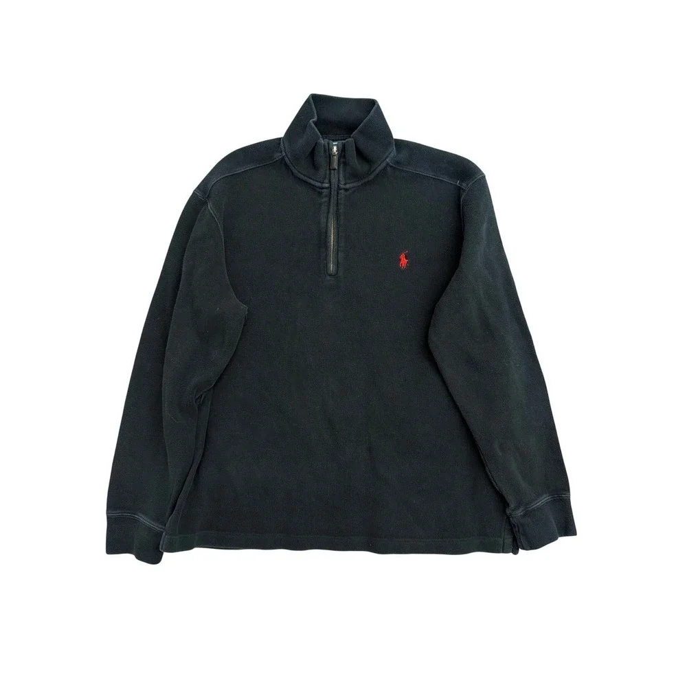 Polo Ralph Lauren Mens Large Black Cotton Quarter Zip Pullover Sweater Red Pony